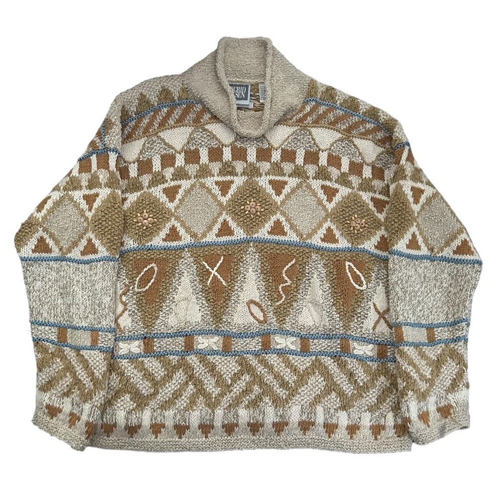 VTG Sigrid Olsen Hand Knit Geometric Southwestern Mock Neck Sweater Artsy Boho L